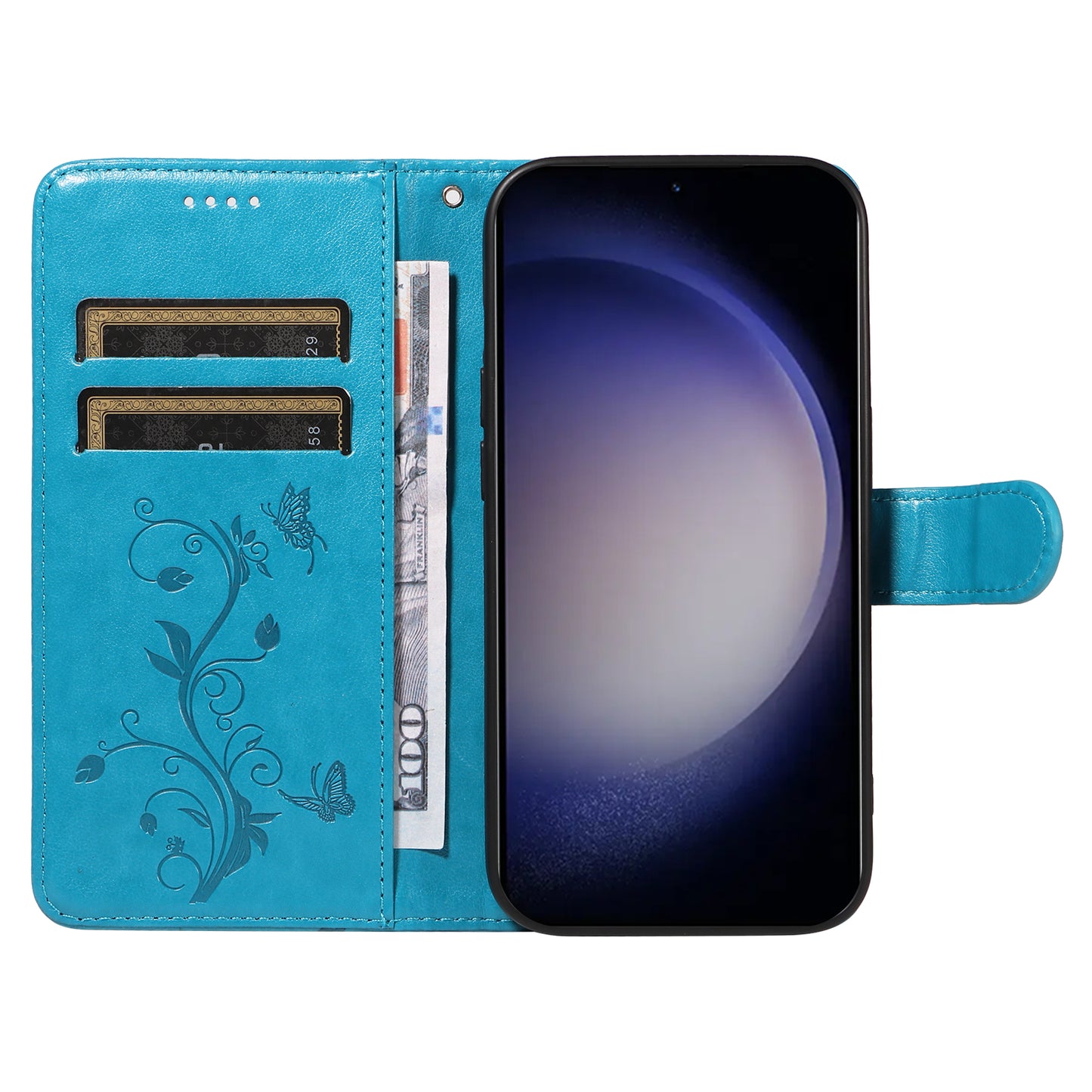 For Samsung Galaxy S24 Flower Blossom Theme Phone Case PU Leather Wallet Flip Cover - Blue
