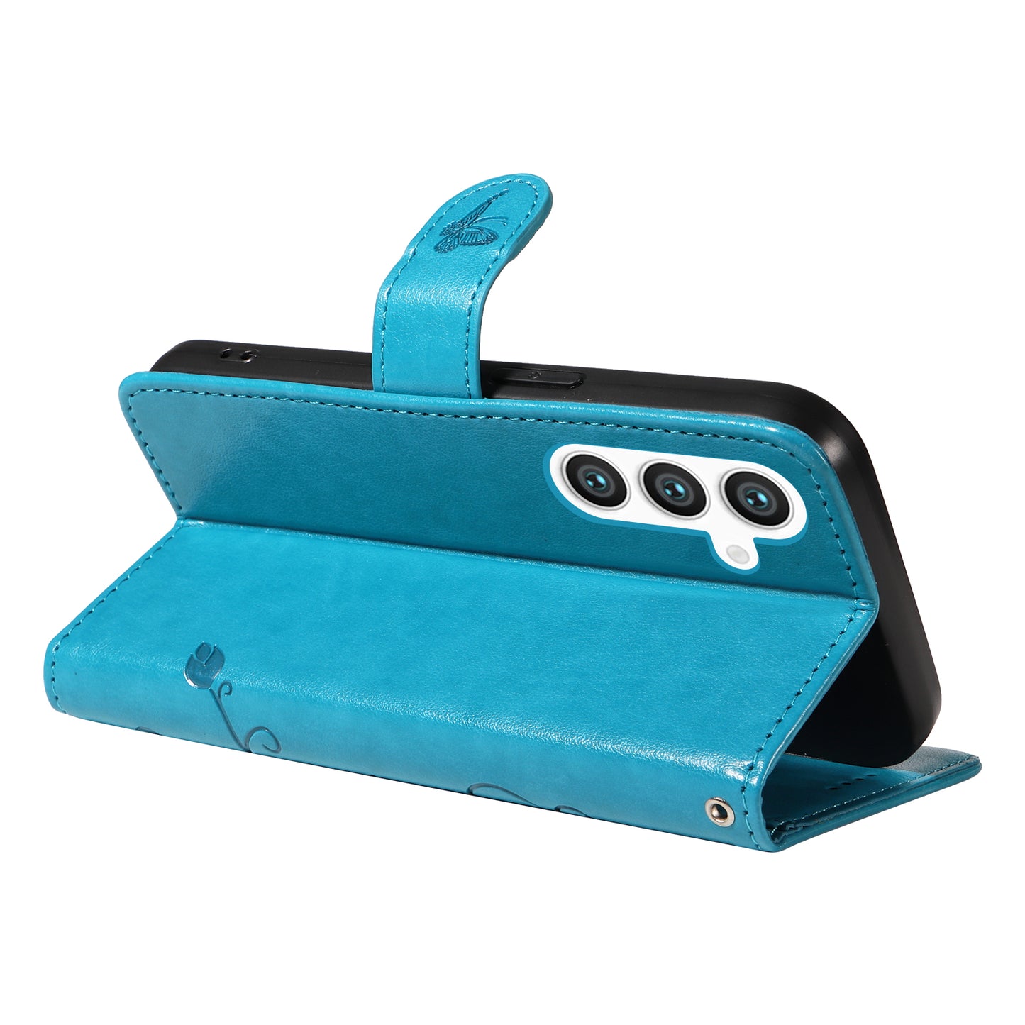 For Samsung Galaxy S24 Flower Blossom Theme Phone Case PU Leather Wallet Flip Cover - Blue