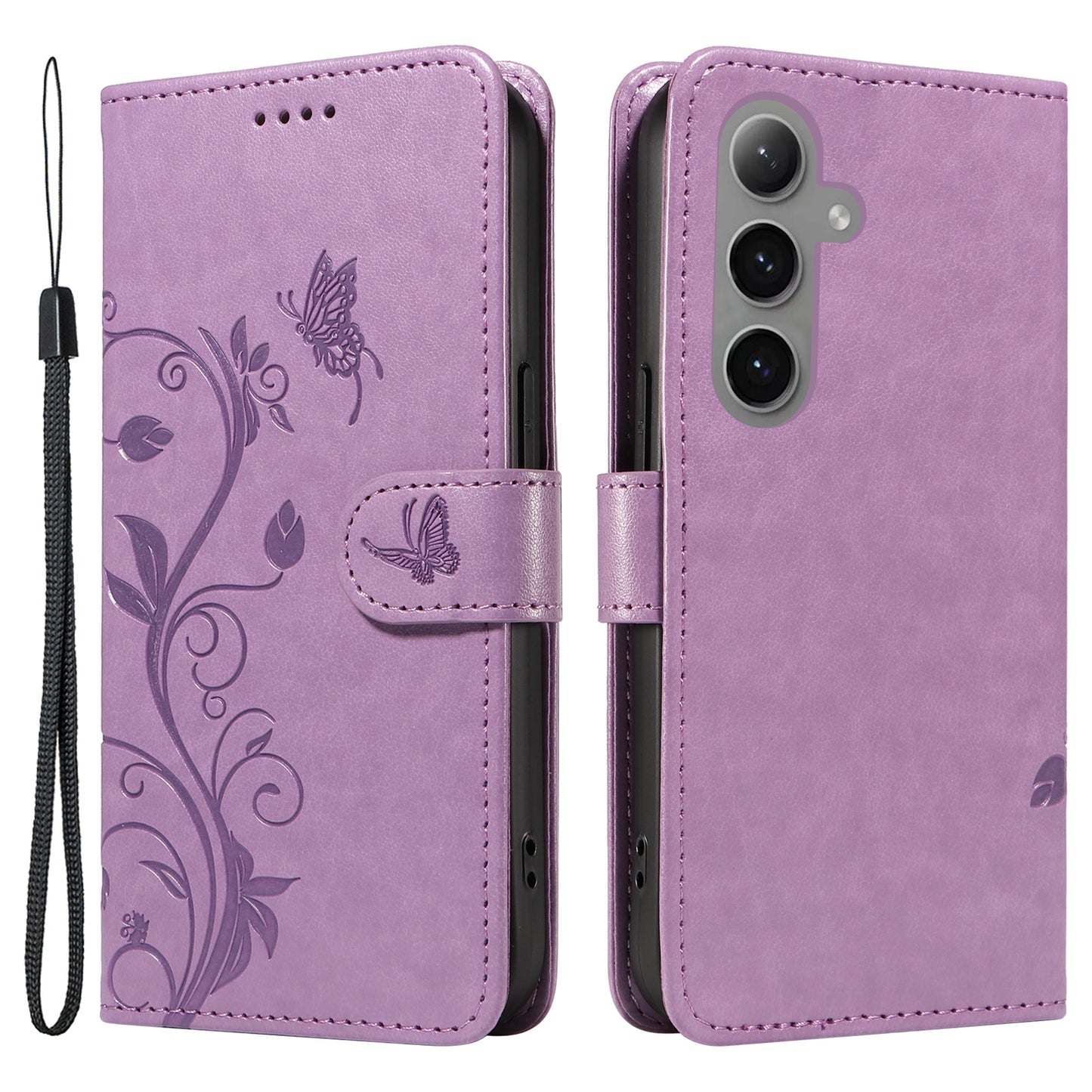 For Samsung Galaxy S24+ Phone Case with Wrist Strap Imprinted Butterfly Flower Stand Cover - Purple