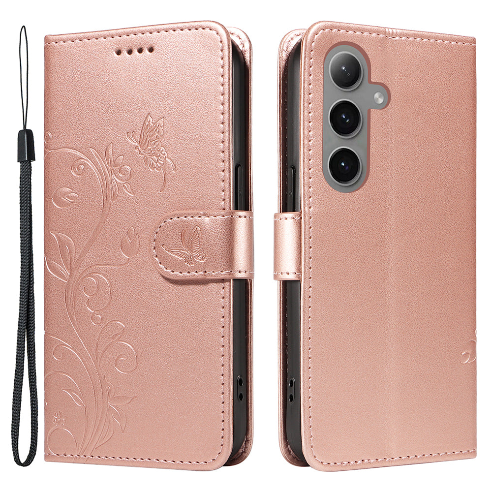 For Samsung Galaxy S24+ Phone Case with Wrist Strap Imprinted Butterfly Flower Stand Cover - Rose Gold
