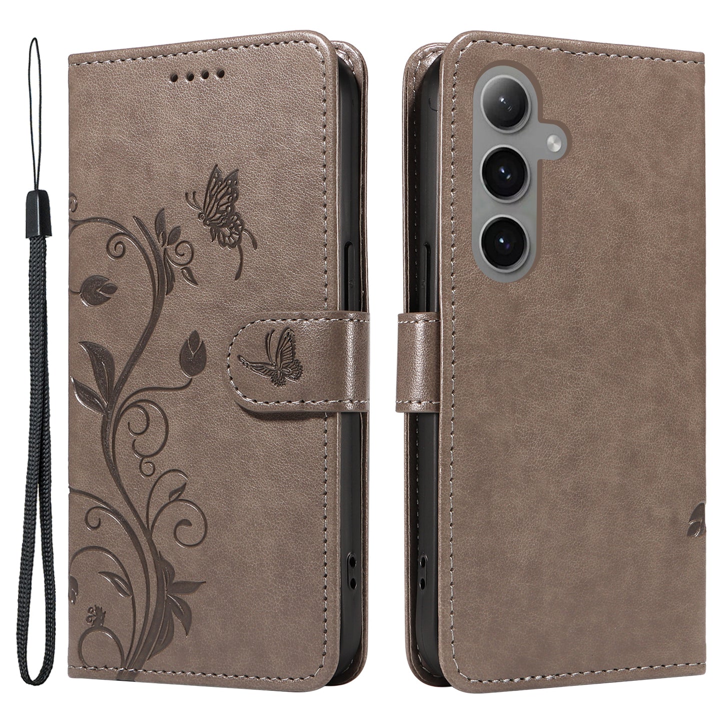 For Samsung Galaxy S24+ Phone Case with Wrist Strap Imprinted Butterfly Flower Stand Cover - Grey