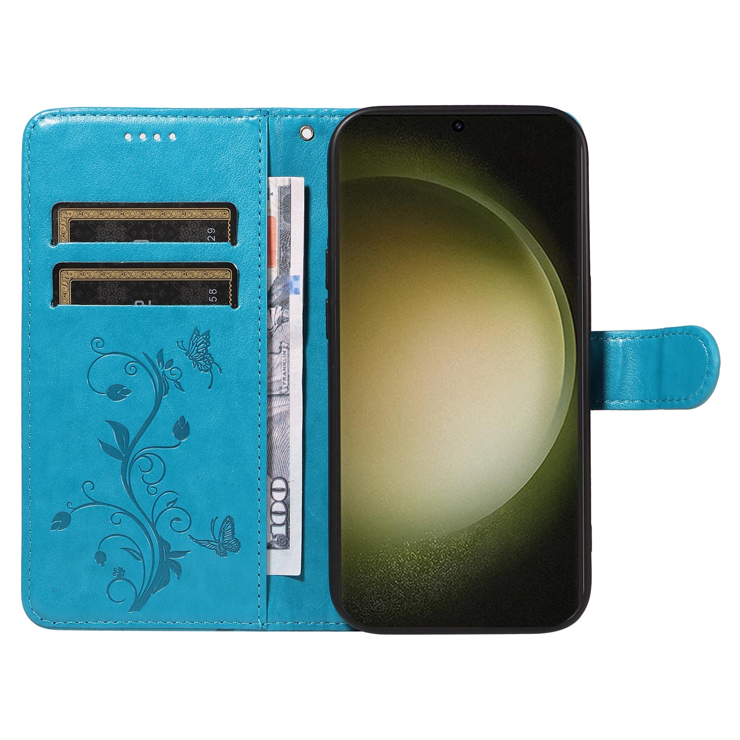 For Samsung Galaxy S24+ Phone Case with Wrist Strap Imprinted Butterfly Flower Stand Cover - Blue