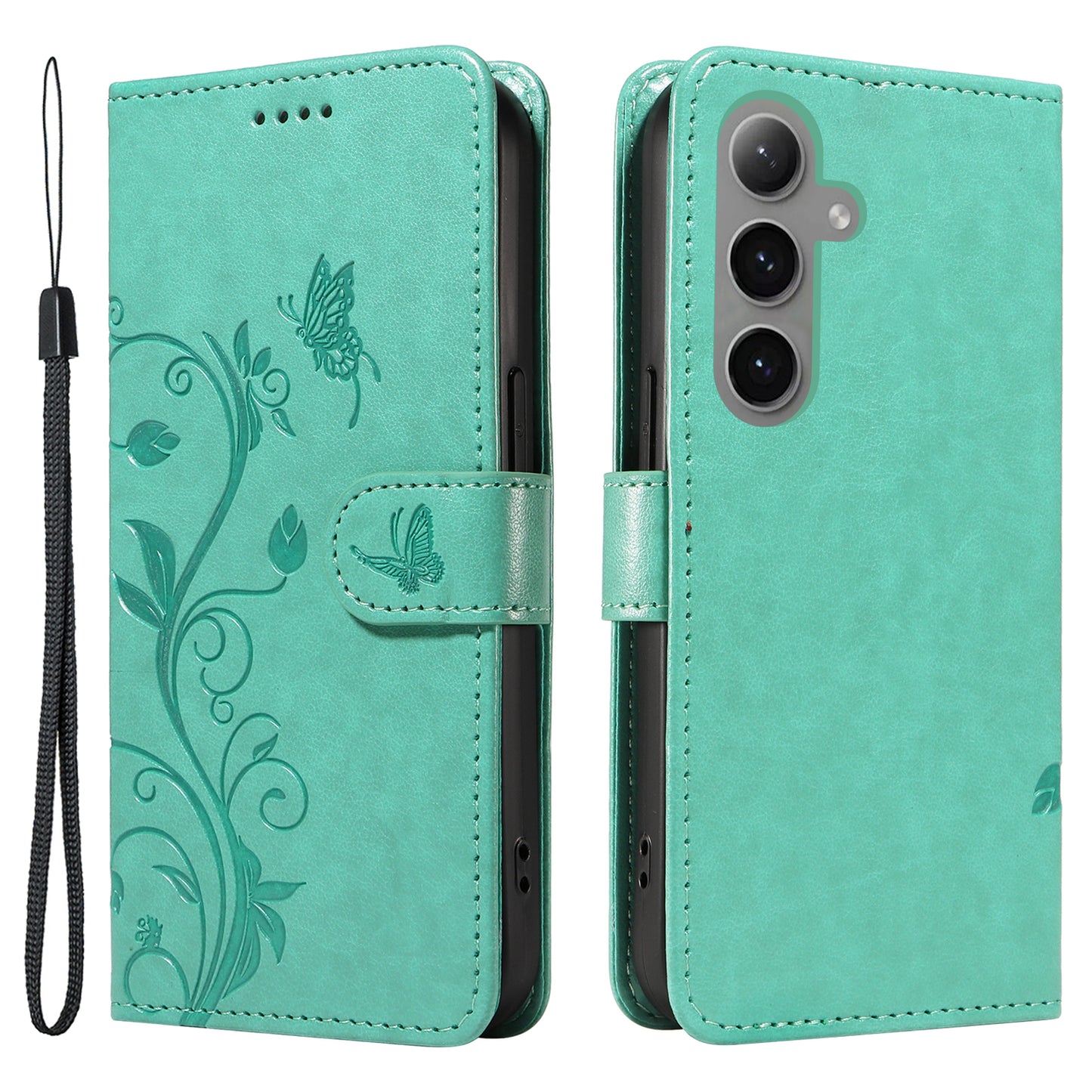For Samsung Galaxy S24+ Phone Case with Wrist Strap Imprinted Butterfly Flower Stand Cover - Green