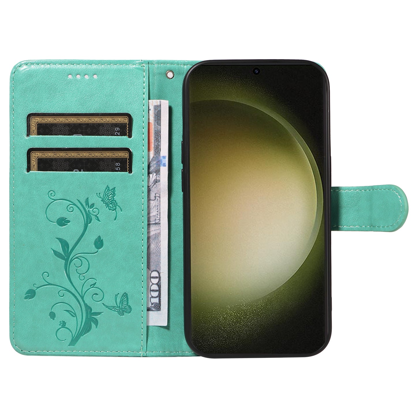 For Samsung Galaxy S24+ Phone Case with Wrist Strap Imprinted Butterfly Flower Stand Cover - Green