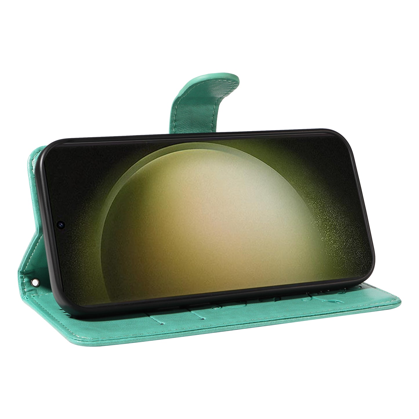 For Samsung Galaxy S24+ Phone Case with Wrist Strap Imprinted Butterfly Flower Stand Cover - Green