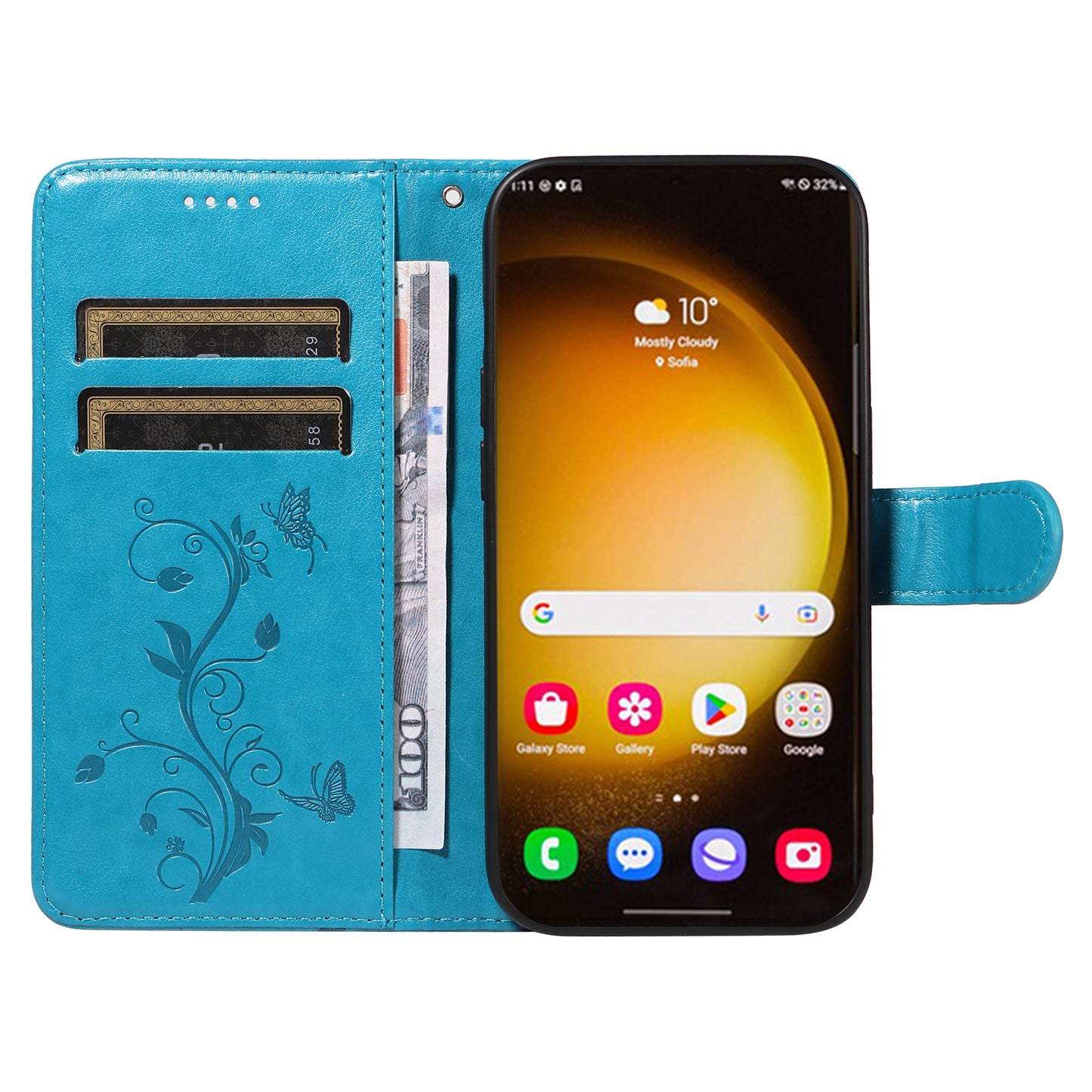 For Samsung Galaxy S24 Ultra Flower Blossom Leather Cover Full Protection Phone Case - Blue