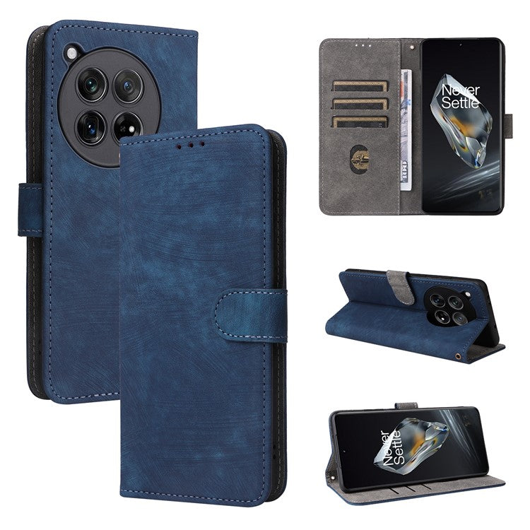 For OnePlus 12 5G Leather Phone Case with Strap RFID Blocking Card Slots - Blue