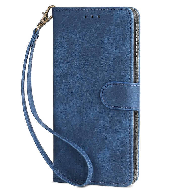 For OnePlus 12 5G Leather Phone Case with Strap RFID Blocking Card Slots - Blue