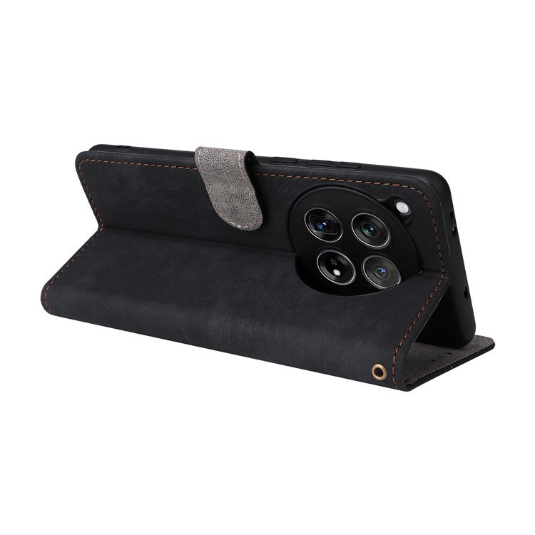 For OnePlus 12 5G Leather Phone Case with Strap RFID Blocking Card Slots - Black