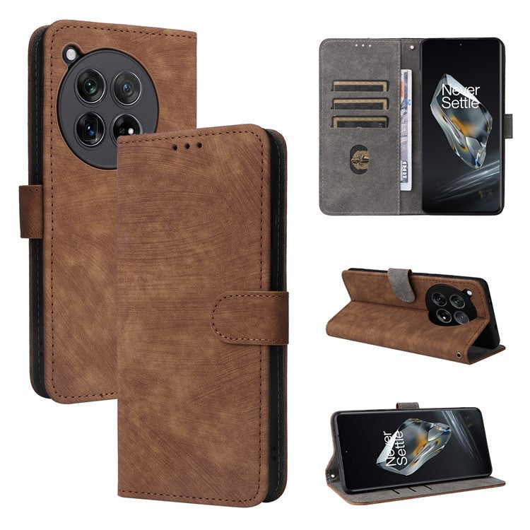 For OnePlus 12 5G Leather Phone Case with Strap RFID Blocking Card Slots - Brown