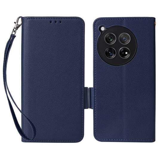 For OnePlus 12 5G Case PU Leather Litchi Texture Card Slots Phone Protector with Strap - Dark Blue