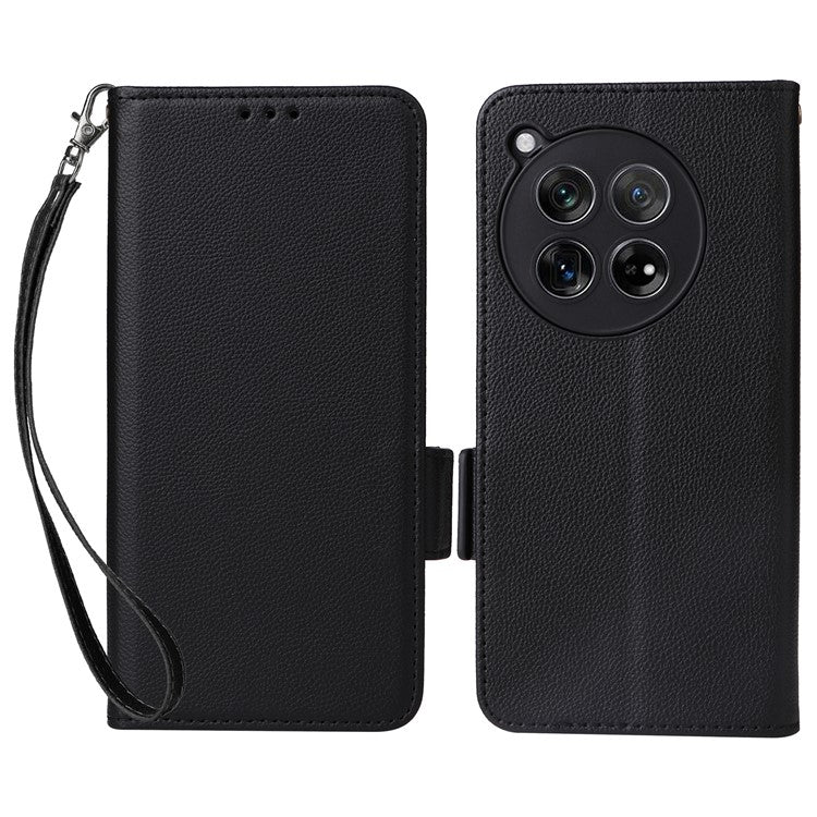 For OnePlus 12 5G Case PU Leather Litchi Texture Card Slots Phone Protector with Strap - Black
