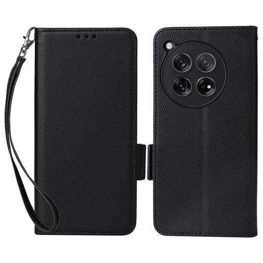 For OnePlus 12 5G Case PU Leather Litchi Texture Card Slots Phone Protector with Strap - Black