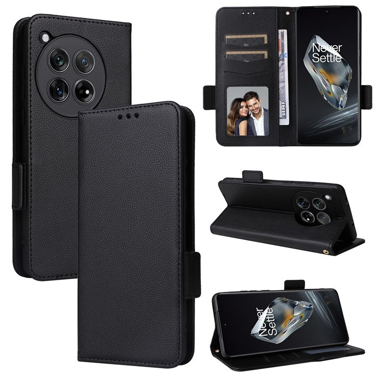 For OnePlus 12 5G Case PU Leather Litchi Texture Card Slots Phone Protector with Strap - Black