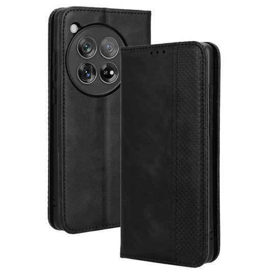 For OnePlus 12 5G Retro Texture Phone Shell Wallet PU Leather Case Stand Cover - Black