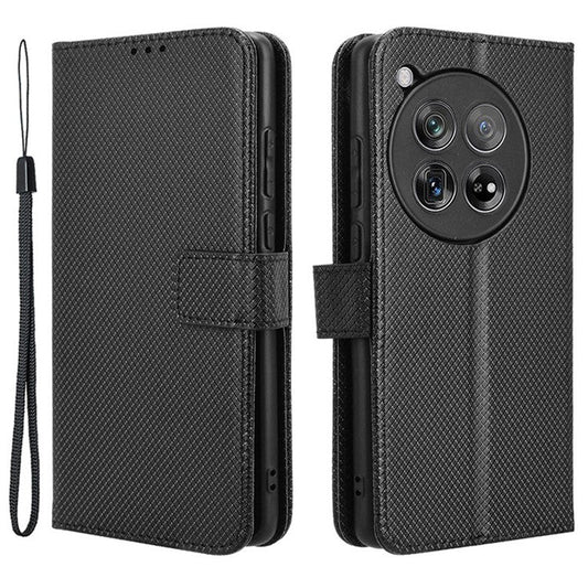 For OnePlus 12 5G Shockproof Mobile Phone Case PU Leather Stand Cover - Black