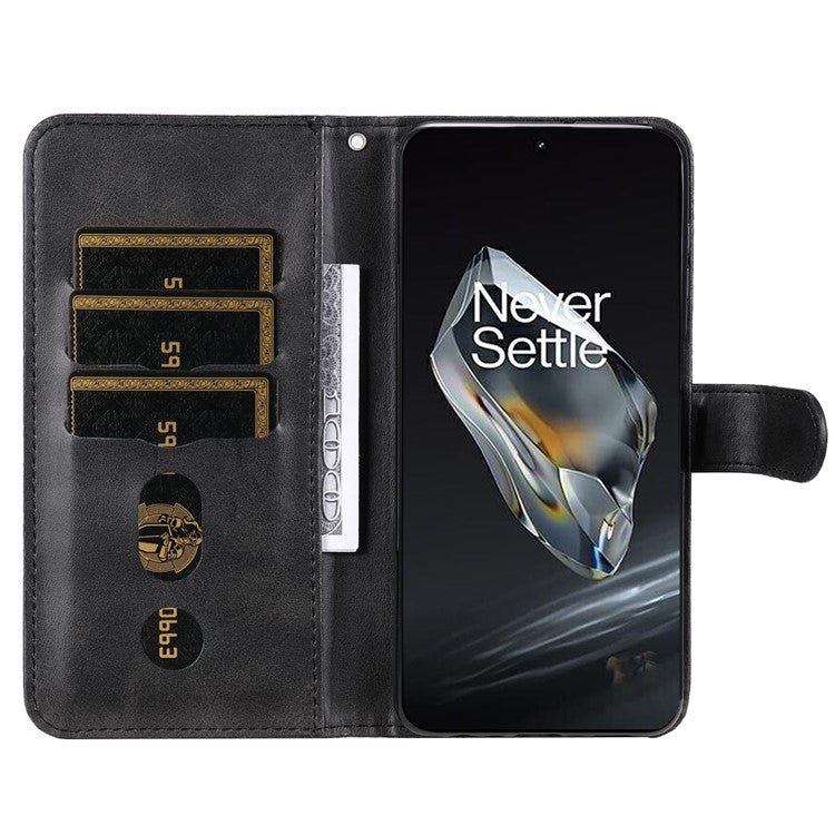 For OnePlus 12 5G Case Zipper Pocket Wallet Stand Calf Texture Phone Leather Cover - Black