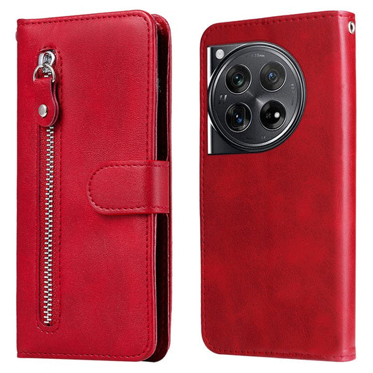 For OnePlus 12 5G Case Zipper Pocket Wallet Stand Calf Texture Phone Leather Cover - Red