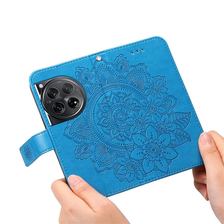 For OnePlus 12 5G Cell Phone Case Imprinted Flower PU Leather Phone Stand Cover - Blue