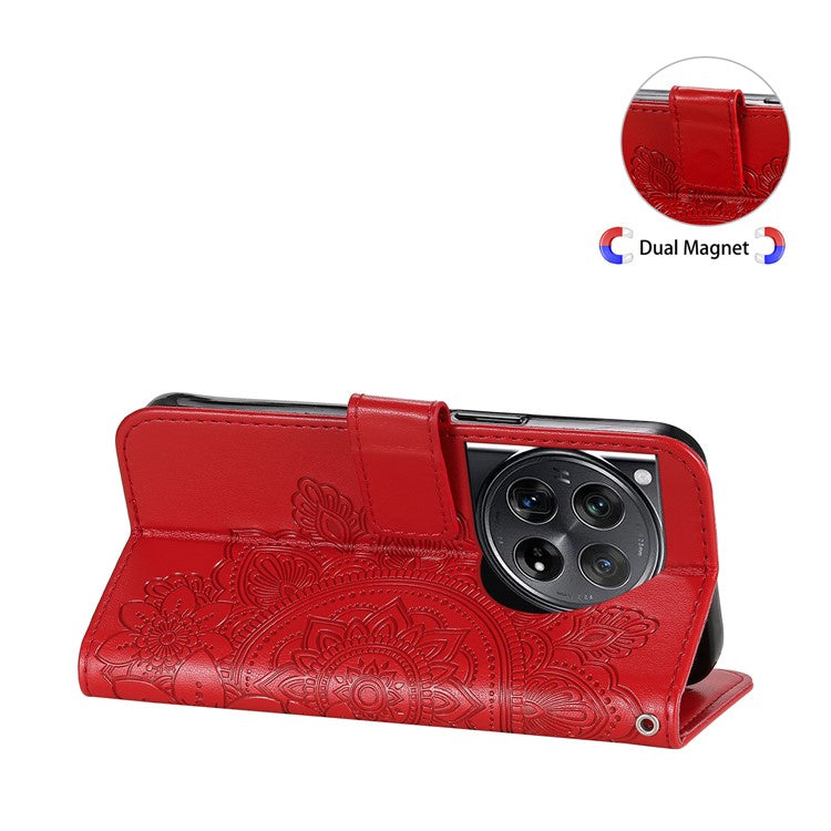 For OnePlus 12 5G Cell Phone Case Imprinted Flower PU Leather Phone Stand Cover - Red