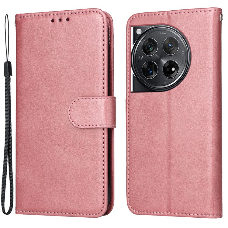 For OnePlus 12 5G Cell Phone Case Wrist Strap Leather Phone Cover Wallet with Stand - Pink