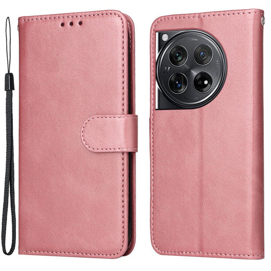 For OnePlus 12 5G Cell Phone Case Wrist Strap Leather Phone Cover Wallet with Stand - Pink