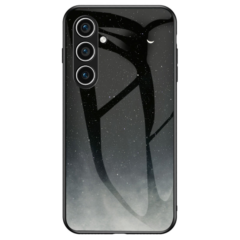 For Samsung Galaxy S24 Cell Phone Case Tempered Glass+PC+TPU Starry Sky Pattern Shell -  Starry Crescent Moon