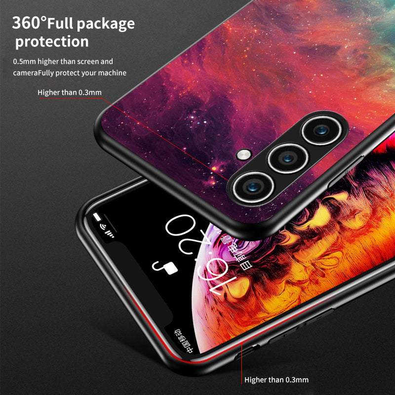For Samsung Galaxy S24 Cell Phone Case Tempered Glass+PC+TPU Starry Sky Pattern Shell -  Starry Crescent Moon