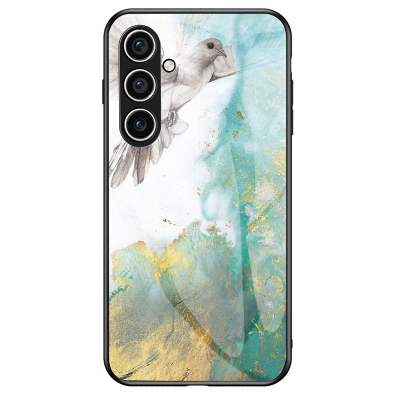 For Samsung Galaxy S24 Case Drop-proof Tempered Glass+PC+TPU Marble Pattern Printing Back Shell - Flying Pigeon Marble