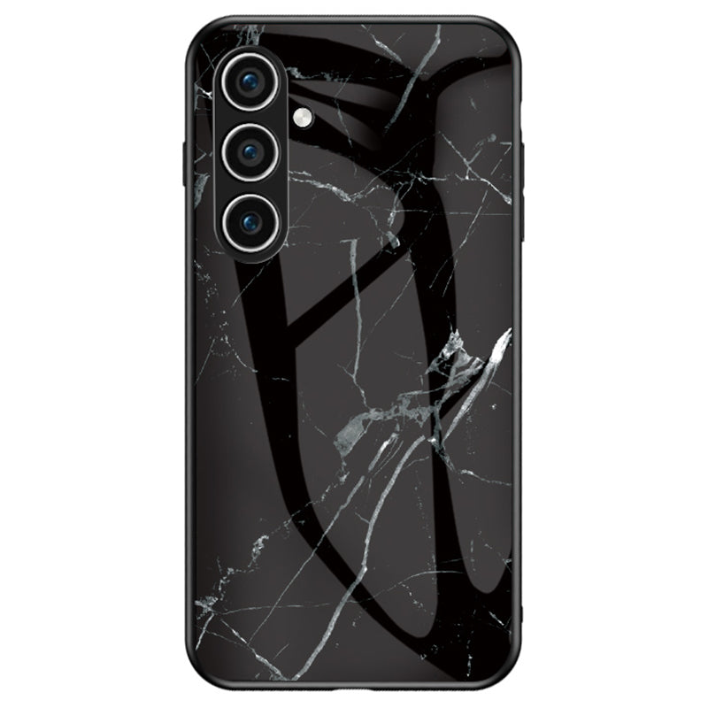 Marble Pattern Case for Samsung Galaxy S24+ Cover Slim-Fit Tempered Glass+PC+TPU Phone Shell - Black Marble