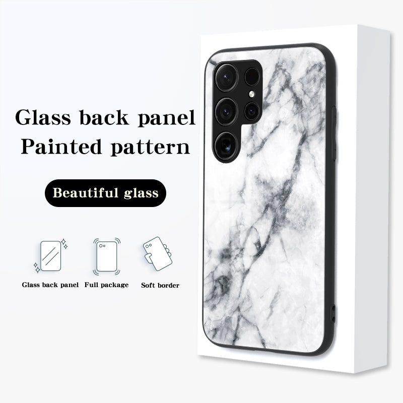 For Samsung Galaxy S24 Ultra Case Anti-dust Tempered Glass+PC+TPU Cover with Printed Marble Pattern - White Marble