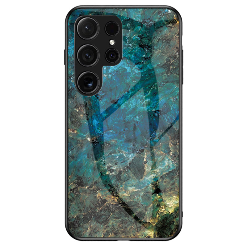 For Samsung Galaxy S24 Ultra Case Anti-dust Tempered Glass+PC+TPU Cover with Printed Marble Pattern - Emerald Marble