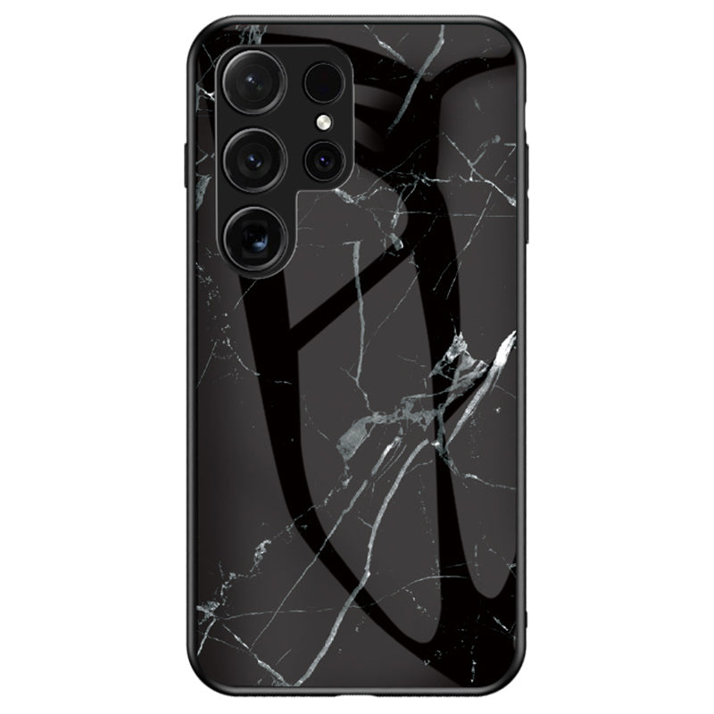 For Samsung Galaxy S24 Ultra Case Anti-dust Tempered Glass+PC+TPU Cover with Printed Marble Pattern - Black Marble