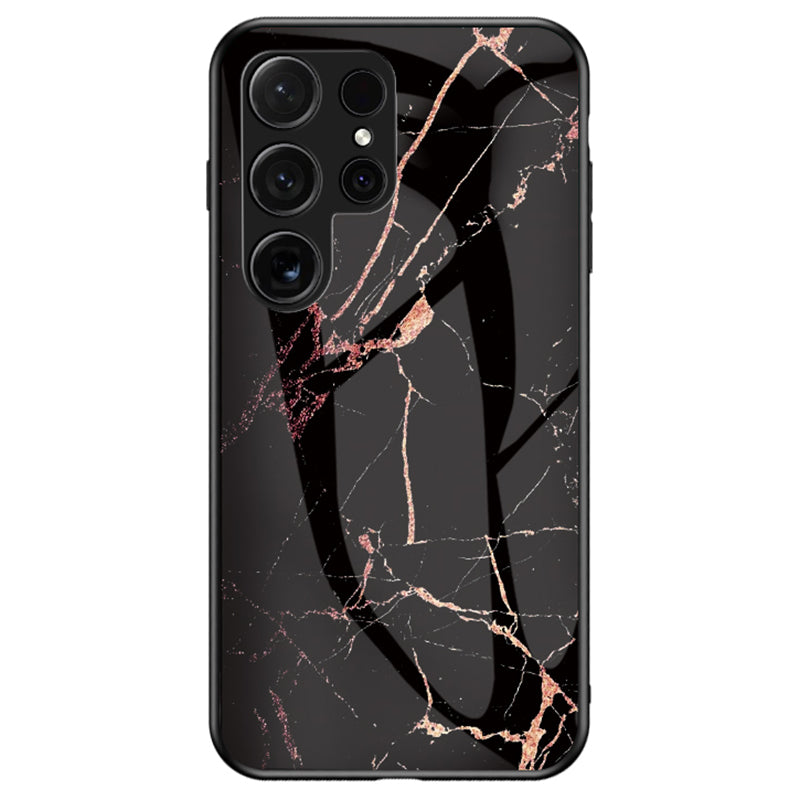 For Samsung Galaxy S24 Ultra Case Anti-dust Tempered Glass+PC+TPU Cover with Printed Marble Pattern - Gold Black Marble