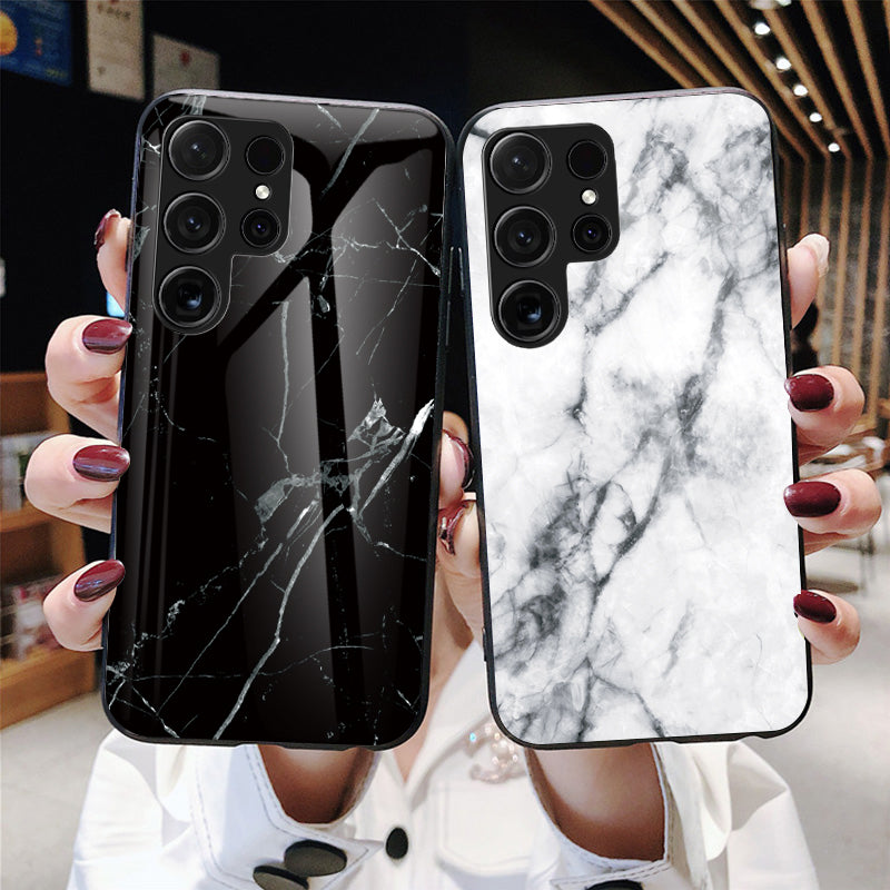 For Samsung Galaxy S24 Ultra Case Anti-dust Tempered Glass+PC+TPU Cover with Printed Marble Pattern - Gold Black Marble