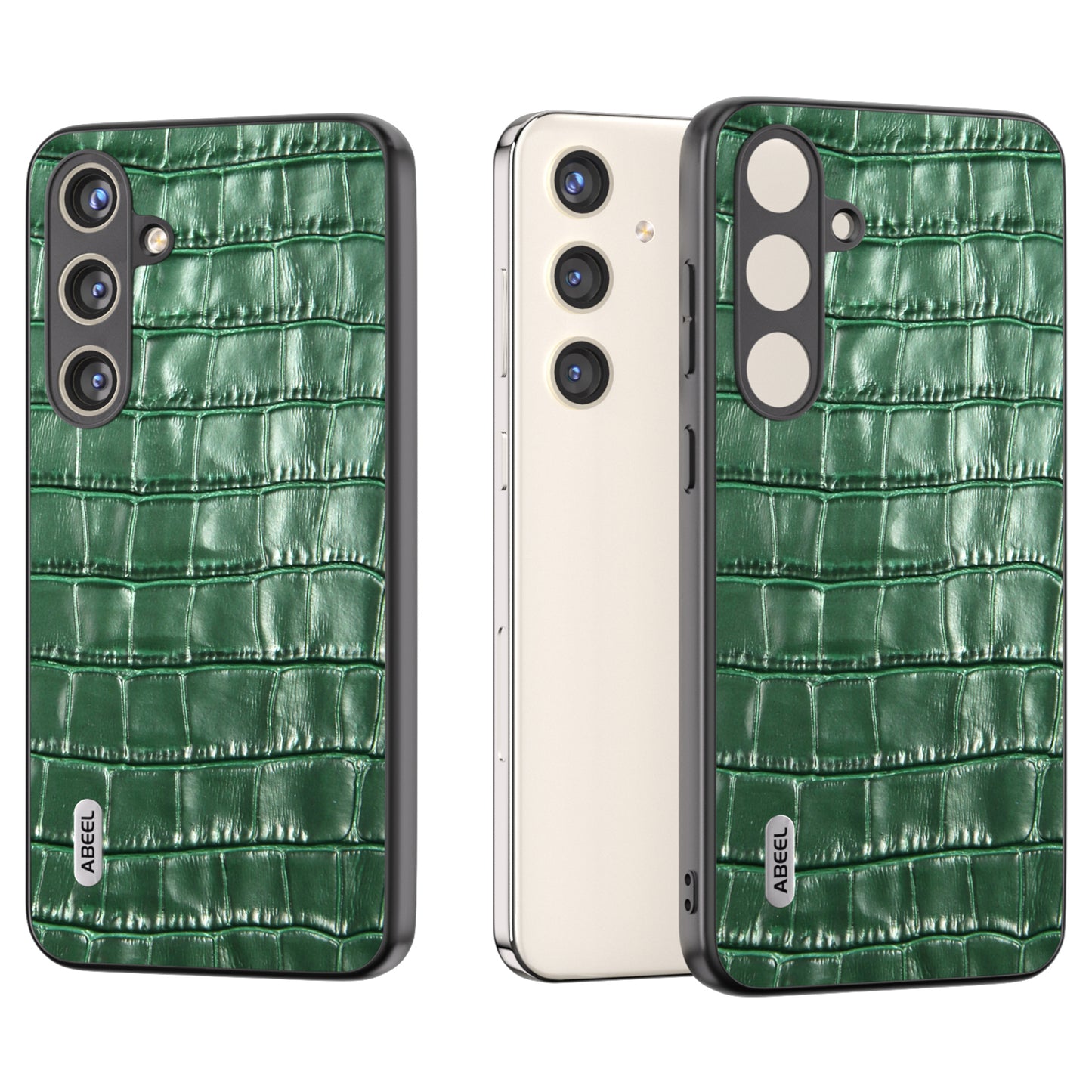 ABEEL For Samsung Galaxy S24+ Case Genuine Cow Leather Phone Cover Crocodile Texture - Green
