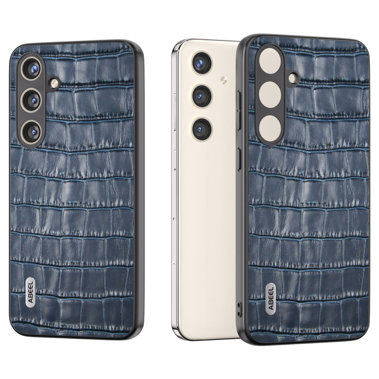 ABEEL For Samsung Galaxy S24+ Case Genuine Cow Leather Phone Cover Crocodile Texture - Blue