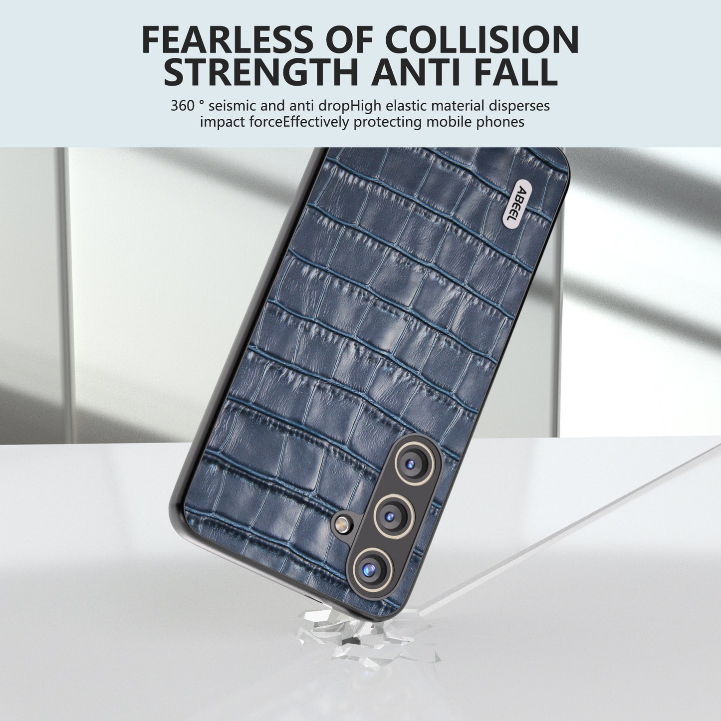 ABEEL For Samsung Galaxy S24+ Case Genuine Cow Leather Phone Cover Crocodile Texture - Blue