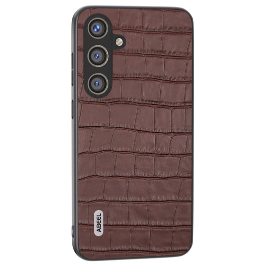 ABEEL For Samsung Galaxy S24+ Case Genuine Cow Leather Phone Cover Crocodile Texture - Brown