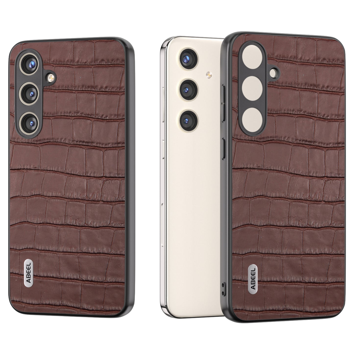 ABEEL For Samsung Galaxy S24+ Case Genuine Cow Leather Phone Cover Crocodile Texture - Brown