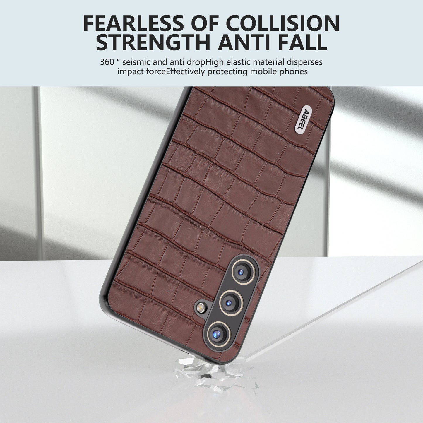ABEEL For Samsung Galaxy S24+ Case Genuine Cow Leather Phone Cover Crocodile Texture - Brown