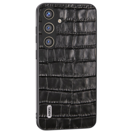 ABEEL For Samsung Galaxy S24+ Case Genuine Cow Leather Phone Cover Crocodile Texture - Black