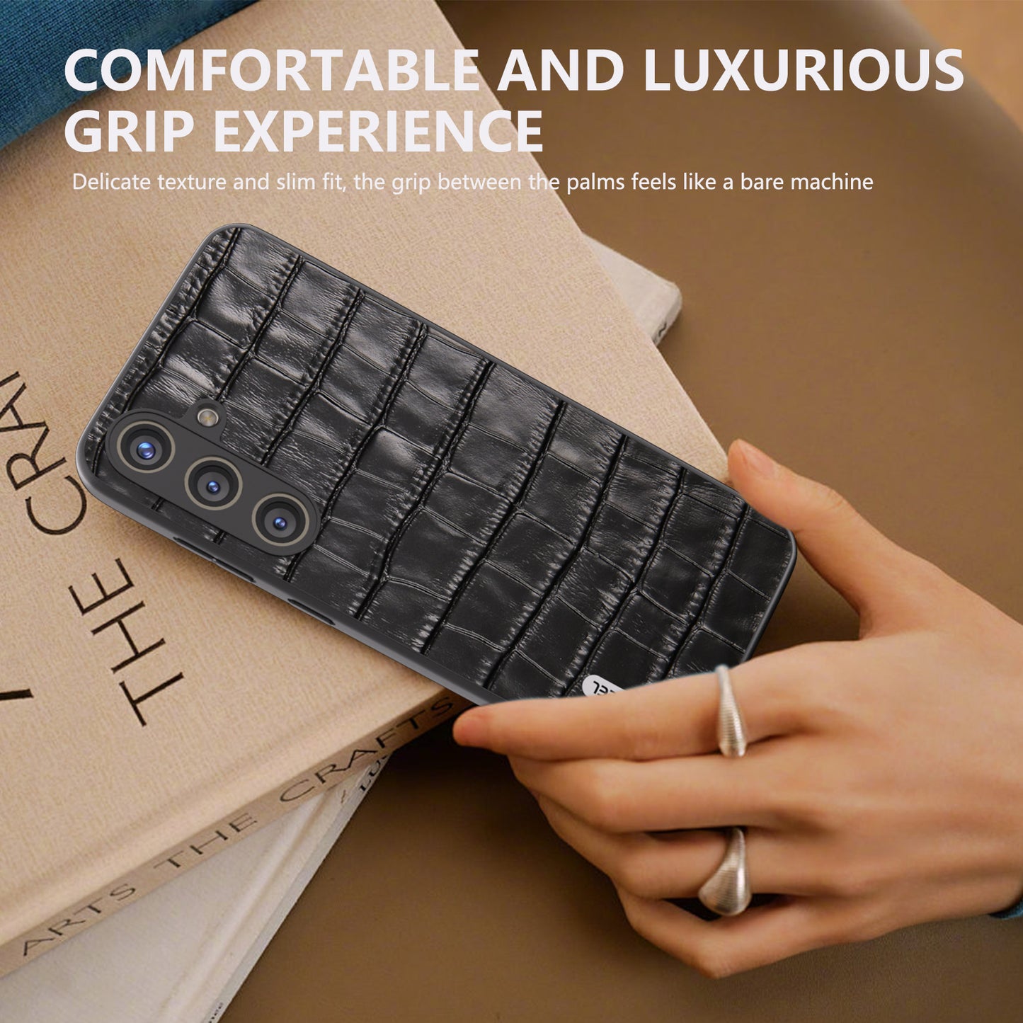 ABEEL For Samsung Galaxy S24+ Case Genuine Cow Leather Phone Cover Crocodile Texture - Black