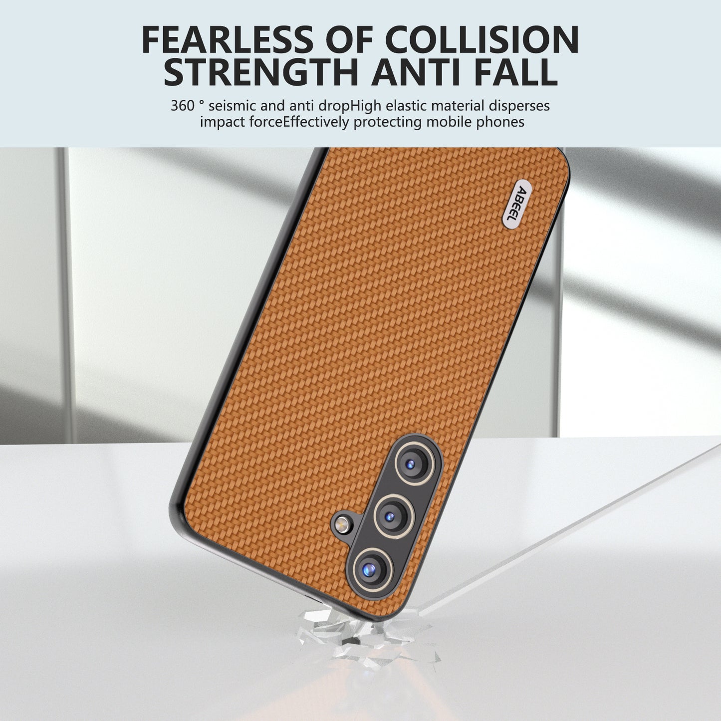 ABEEL for Samsung Galaxy S24+ Shockproof Shell Carbon Fiber Texture Leather Phone Case - Light Brown