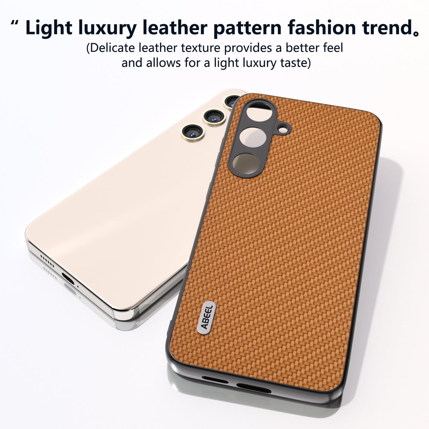ABEEL for Samsung Galaxy S24+ Shockproof Shell Carbon Fiber Texture Leather Phone Case - Light Brown