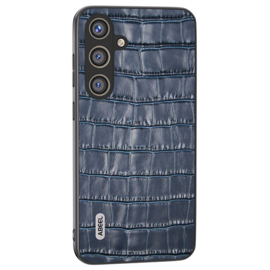 ABEEL For Samsung Galaxy S24 Phone Case Crocodile Texture Genuine Cow Leather Back Cover - Blue