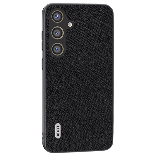 ABEEL For Samsung Galaxy S24 Cowhide Leather Phone Case with Cross Texture - Black