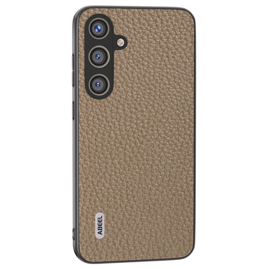 ABEEL For Samsung Galaxy S24 Cowhide Leather+PC+TPU Phone Case Litchi Texture Phone Cover - Khaki  /  Khaki