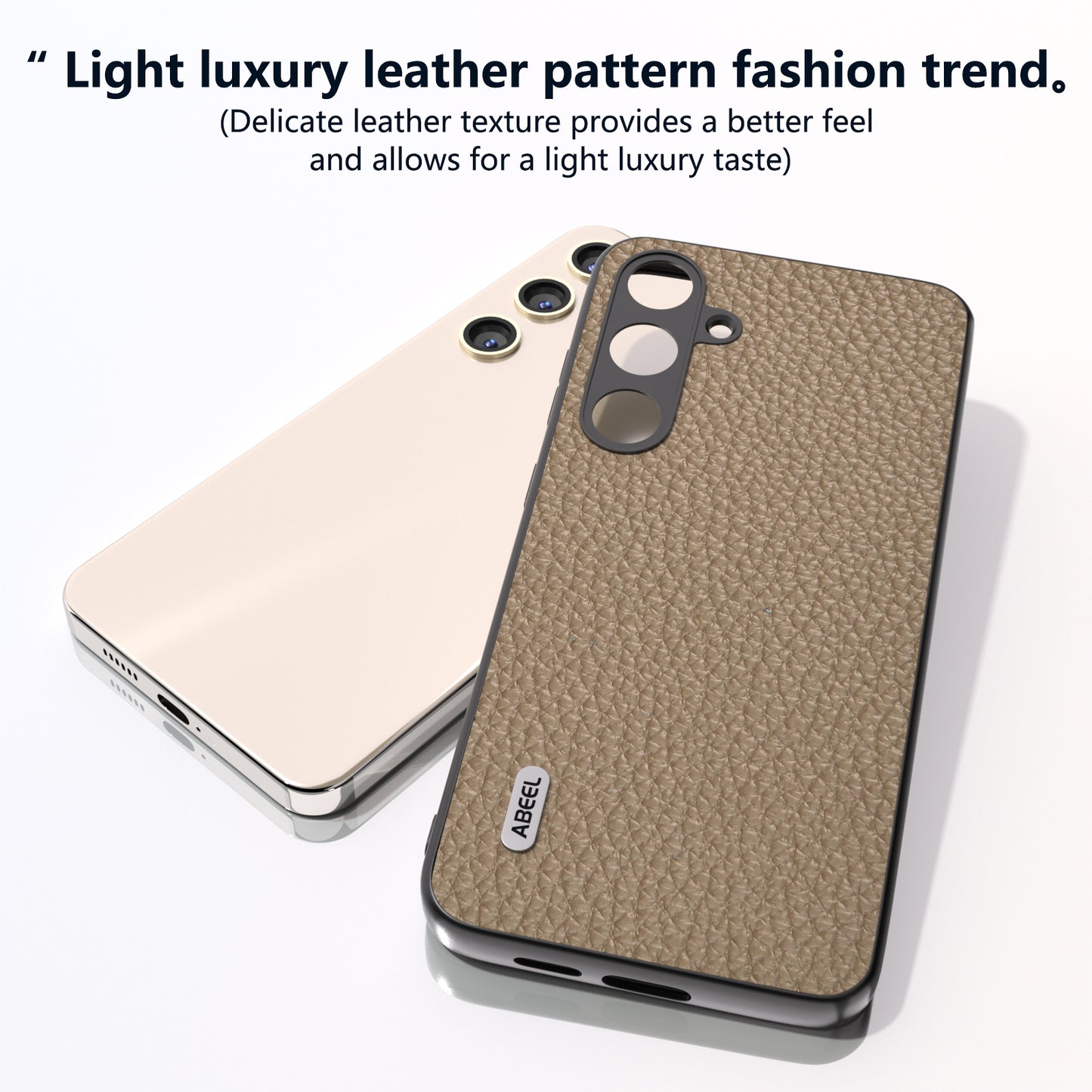 ABEEL For Samsung Galaxy S24 Cowhide Leather+PC+TPU Phone Case Litchi Texture Phone Cover - Khaki  /  Khaki