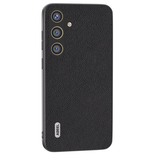 ABEEL For Samsung Galaxy S24 Cowhide Leather Case Soft TPU Hard PC Hybrid Phone Cover - Black